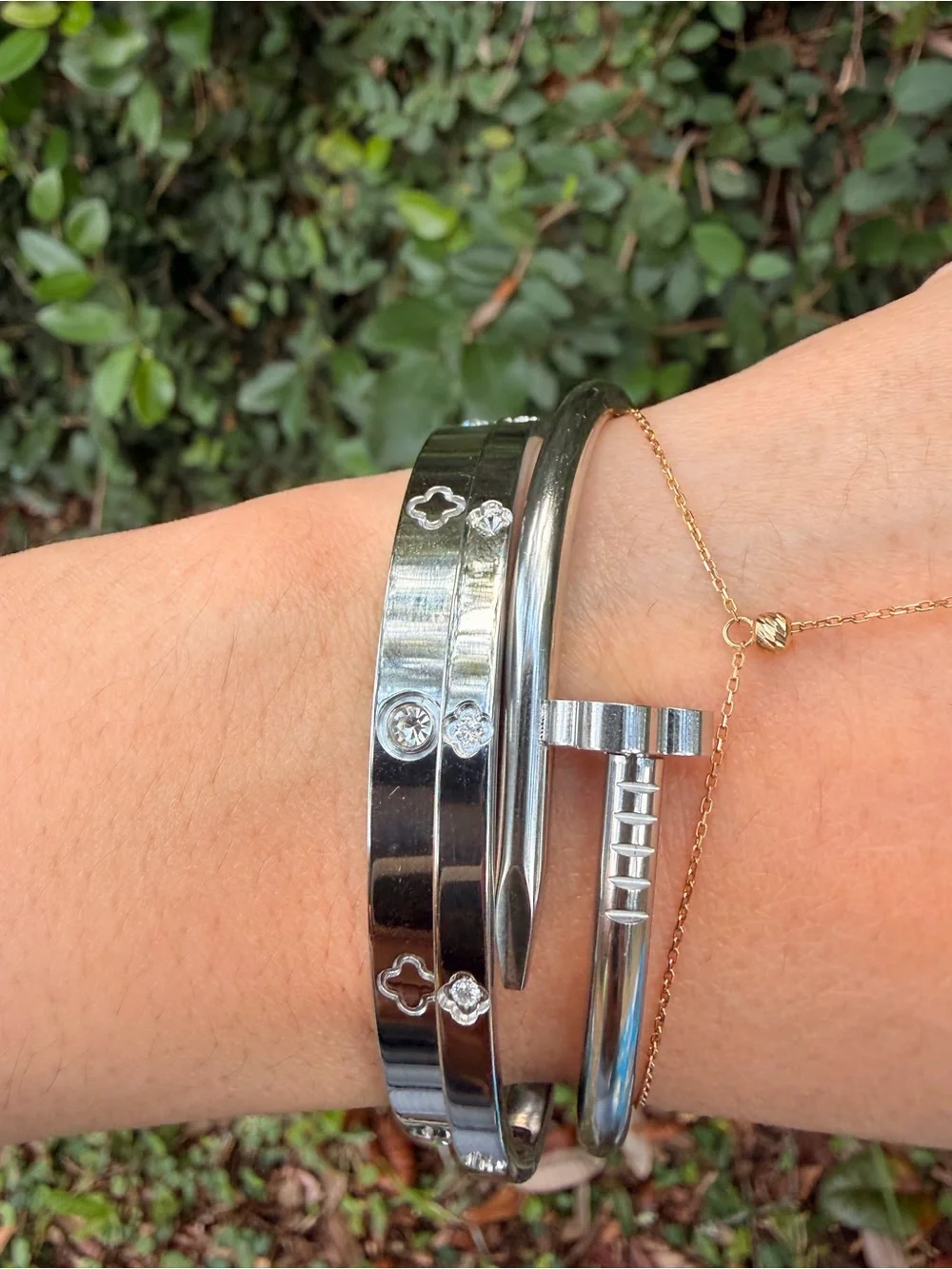 Nail Motif Bangle Bracelet Set of 3 Silver